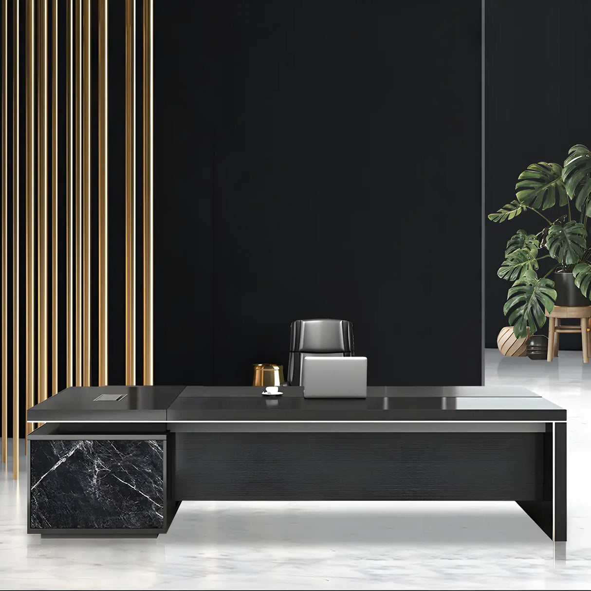 Black Deep Width L-Shape Executive Desk with Drawers Image - 4