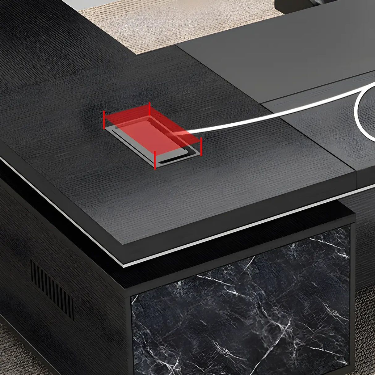 Black Deep Width L-Shape Executive Desk with Drawers Image - 7
