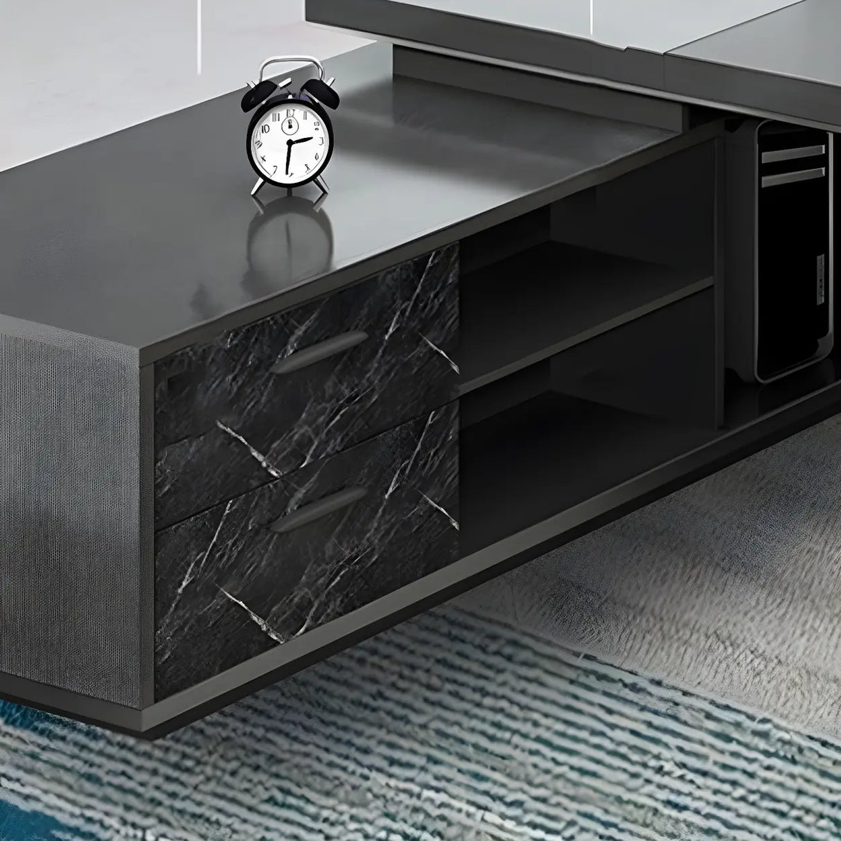 Black Deep Width L-Shape Executive Desk with Drawers Image - 8