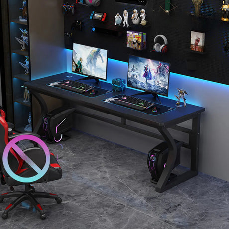 Black Double Standard Gaming Wood Desk with Cord Slots Image - 2