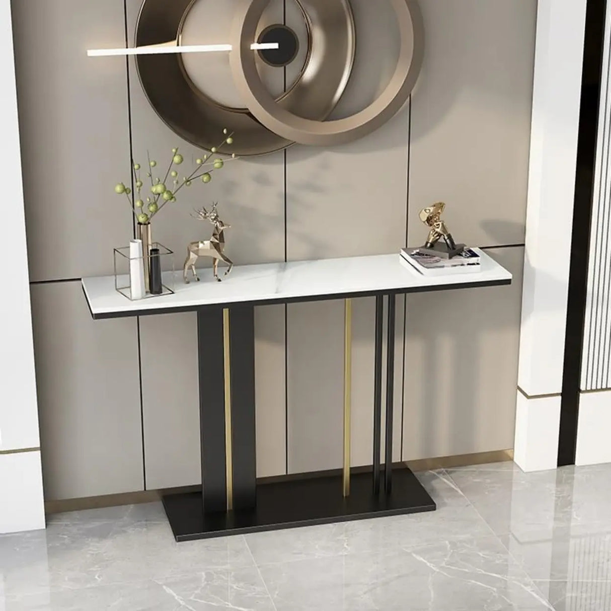 Black Elegant Rectangular Metal Abstract Console Table Image - 2