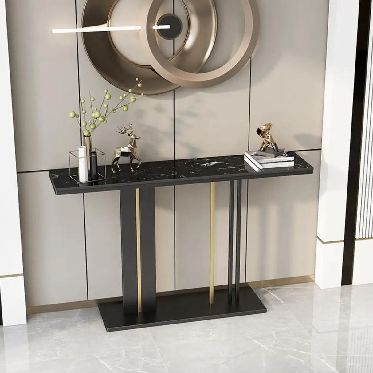 Black Elegant Rectangular Metal Abstract Console Table Image - 3