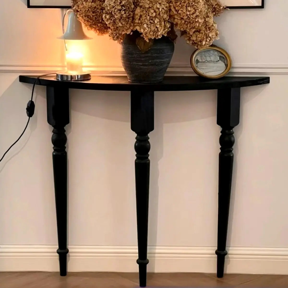 Black Entryway Half Moon Three Legs Wood Console Table Image - 2