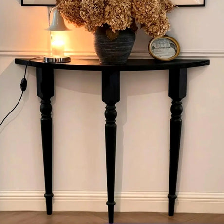 Black Entryway Half Moon Three Legs Wood Console Table Image - 2