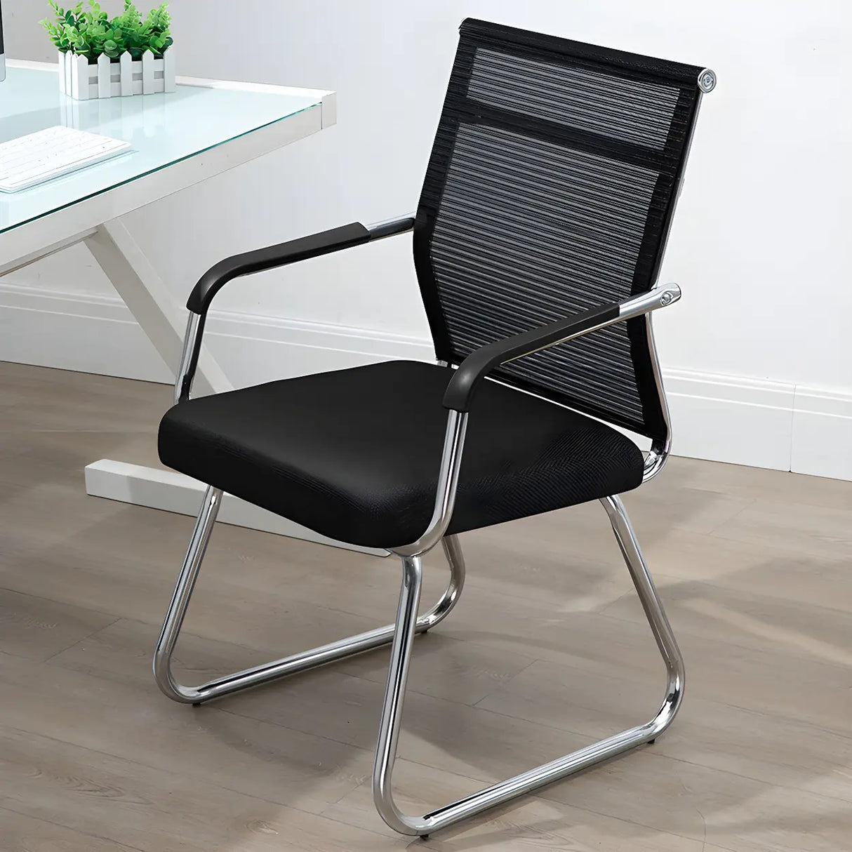 Black Ergonomic Design Modern Mesh Sled Base Office Chair Image - 1