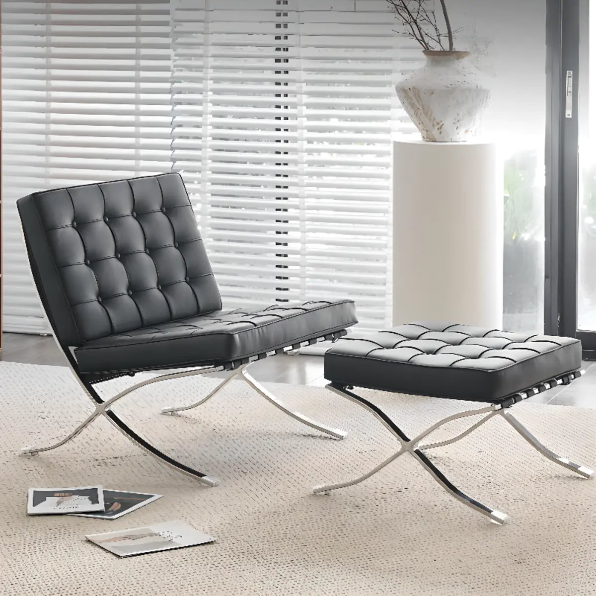 Black Faux Leather Loose Back Side Chair with Footrest Image - 1