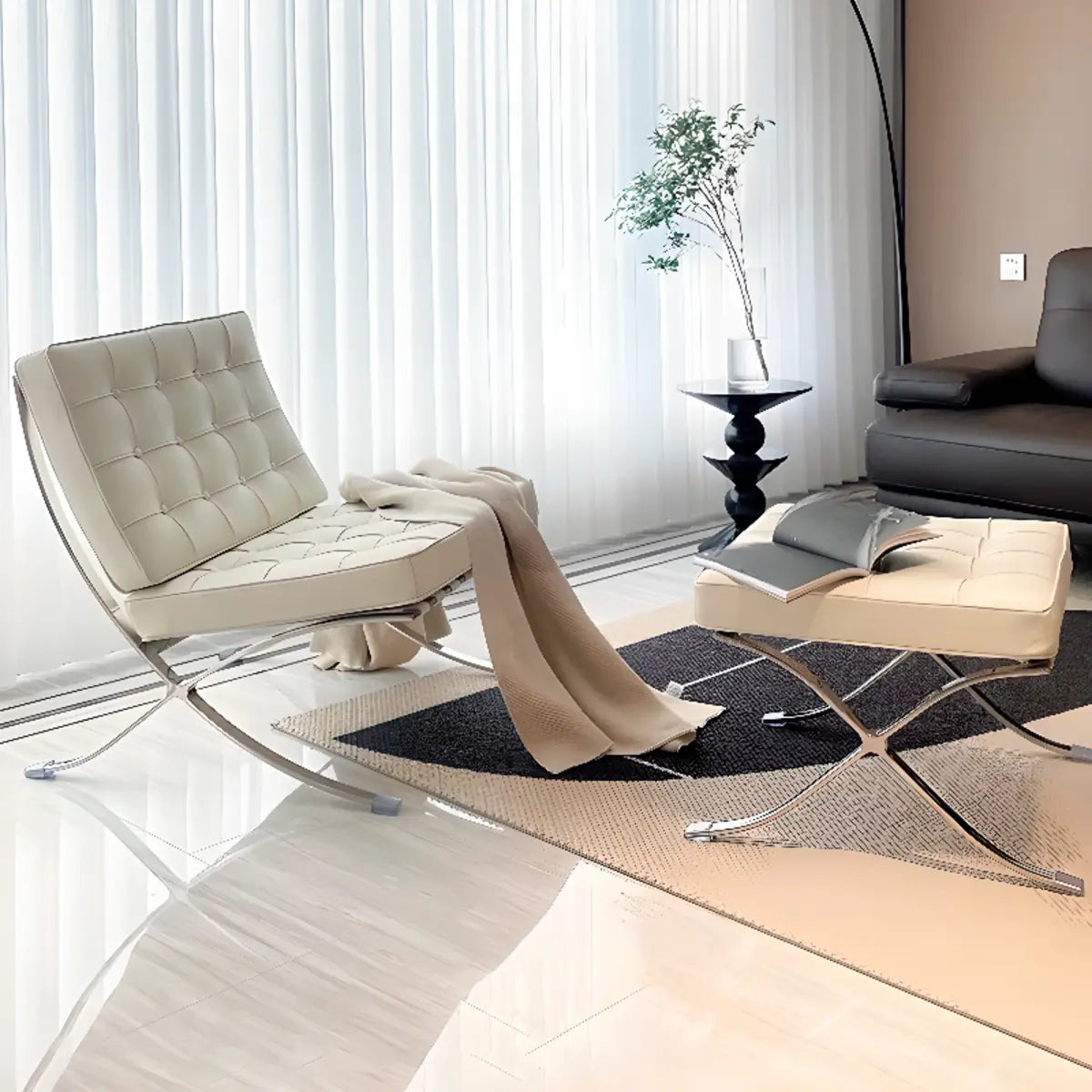 Black Faux Leather Loose Back Side Chair with Footrest Image - 4