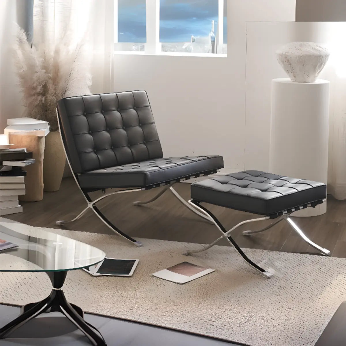 Black Faux Leather Loose Back Side Chair with Footrest Image - 6