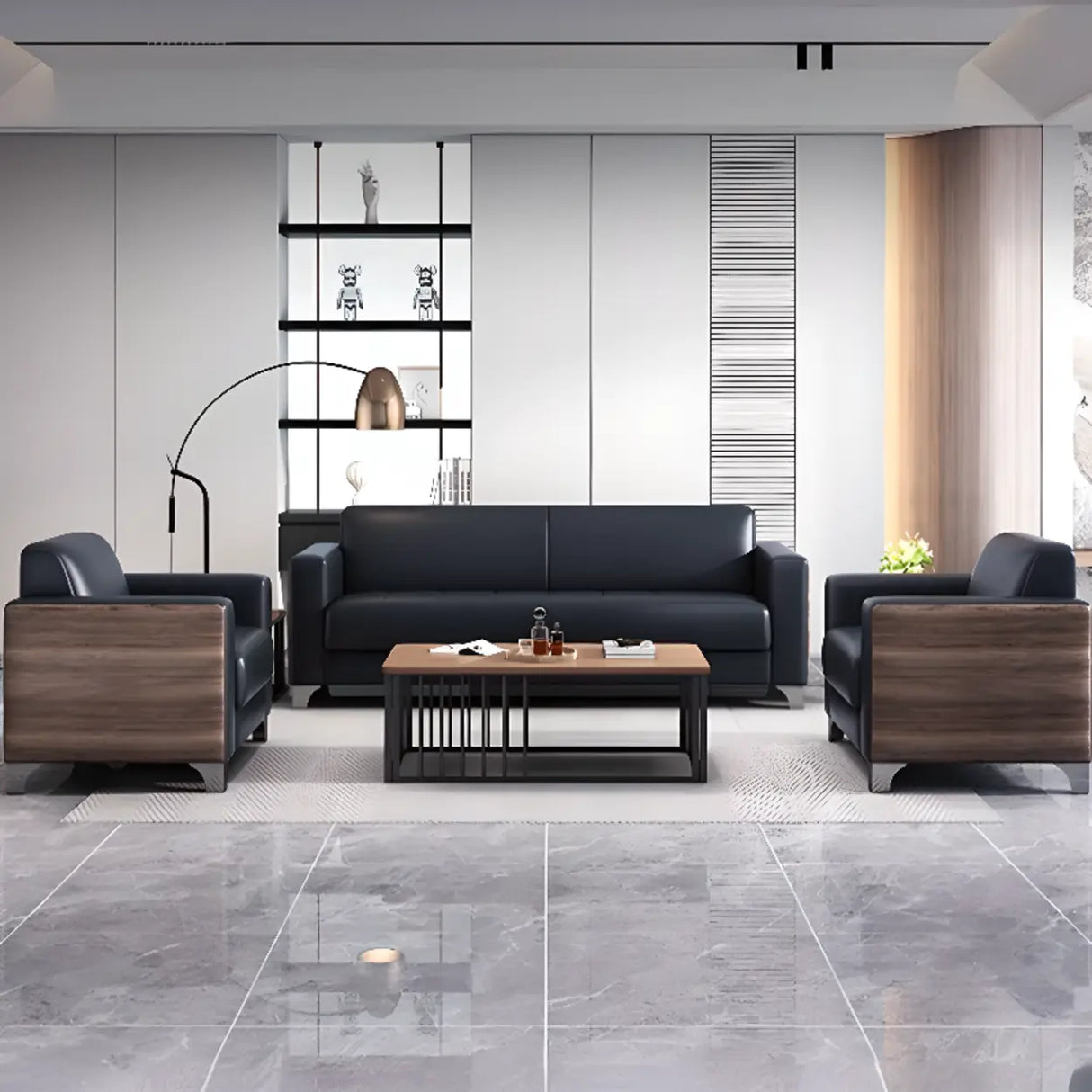 Black Faux Leather Reception Sofa Set with Tables Image - 5
