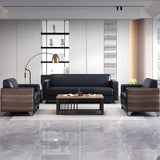 Black Faux Leather Reception Sofa Set with Tables Image - 5