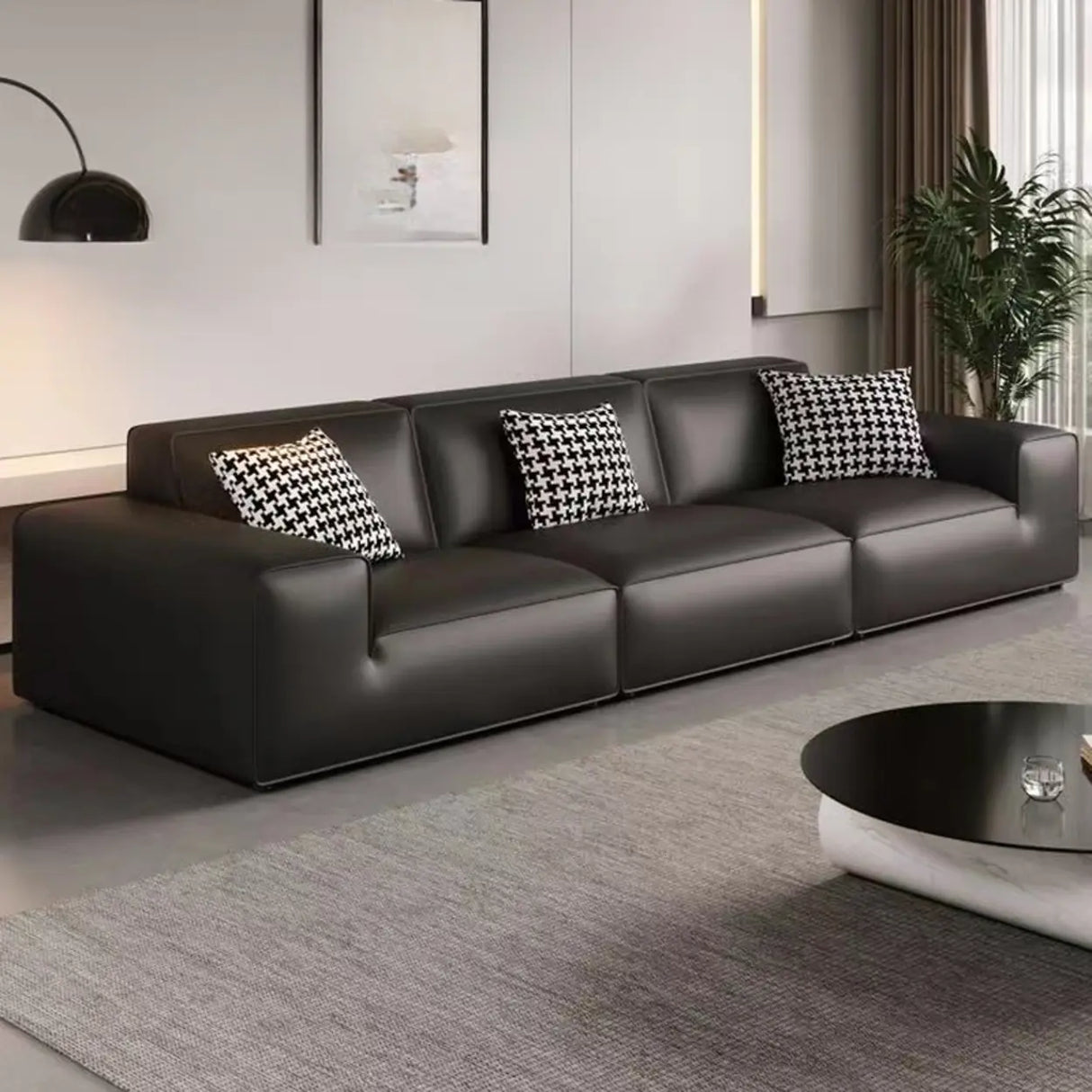 Black Faux Leather Square Arm Concealed Support Sofa Image - 1