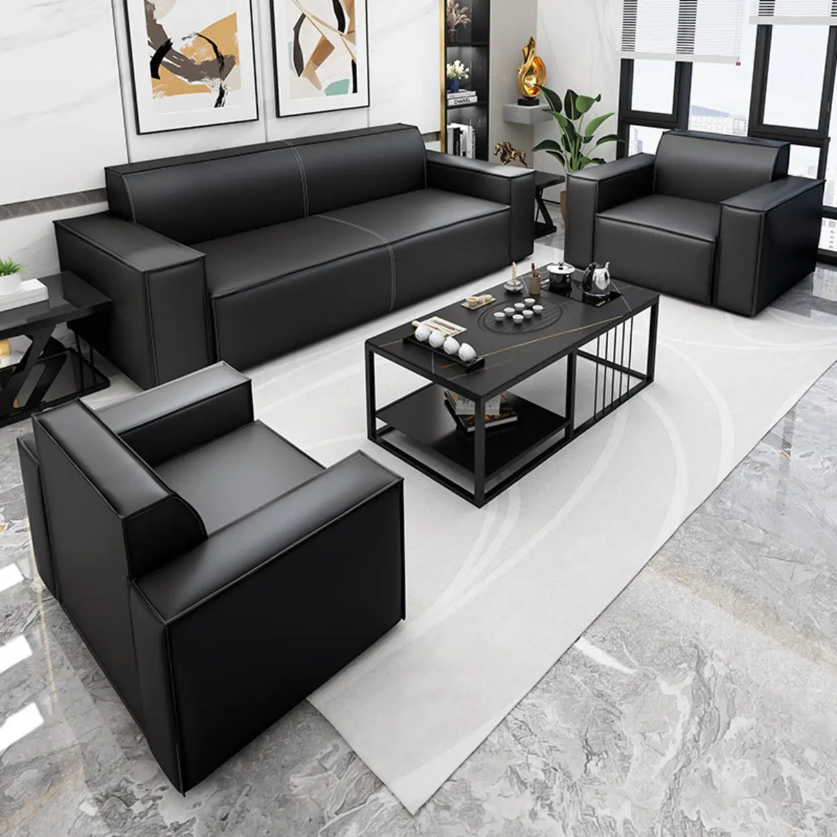 Black Faux Leather Tight Back Concealed Support Sofa Image - 1