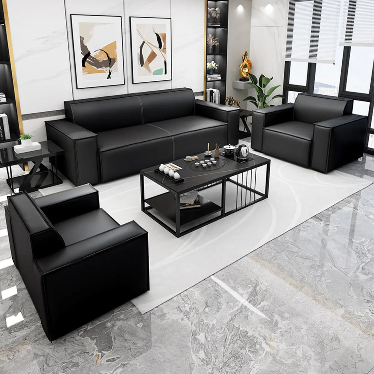 Black Faux Leather Tight Back Concealed Support Sofa Image - 3