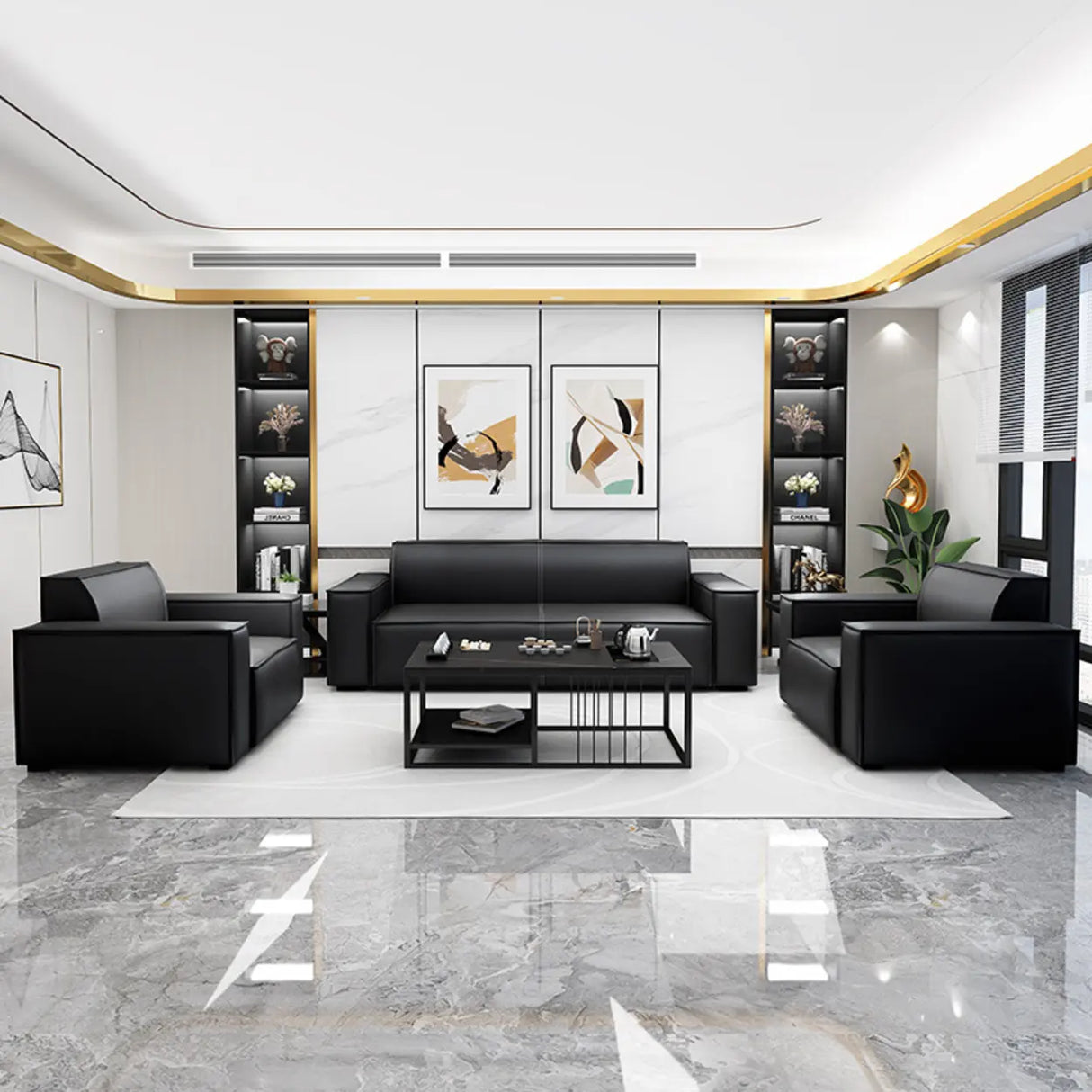 Black Faux Leather Tight Back Concealed Support Sofa Image - 4