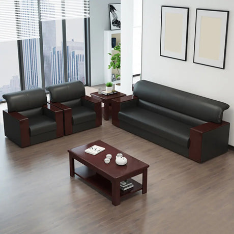 Black Faux Leather Upholstered Back Office Sofa Set Image - 1