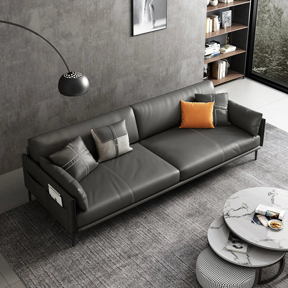 Black Faux Leather Wood Frame Reception Sofa with Legs Image - 7