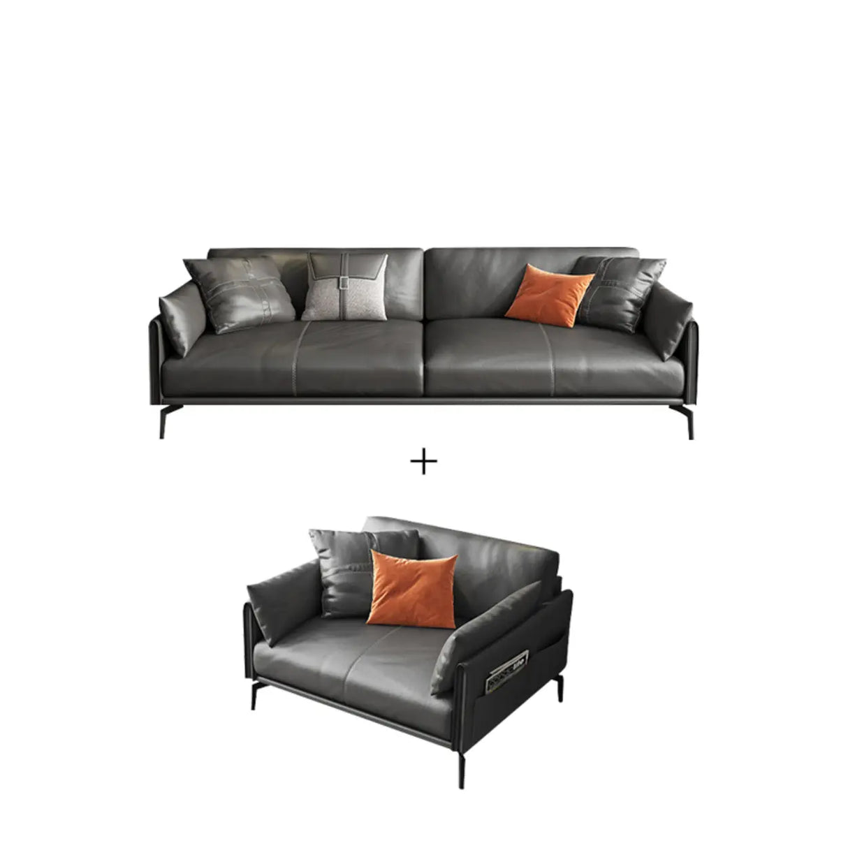 Black Faux Leather Wood Frame Reception Sofa with Legs Image - 9