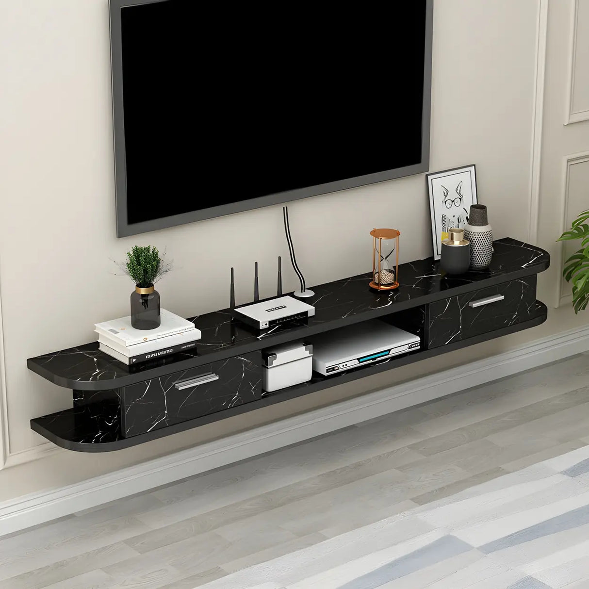 Black Floating Mount Wood Open Storage TV Stand Image - 5