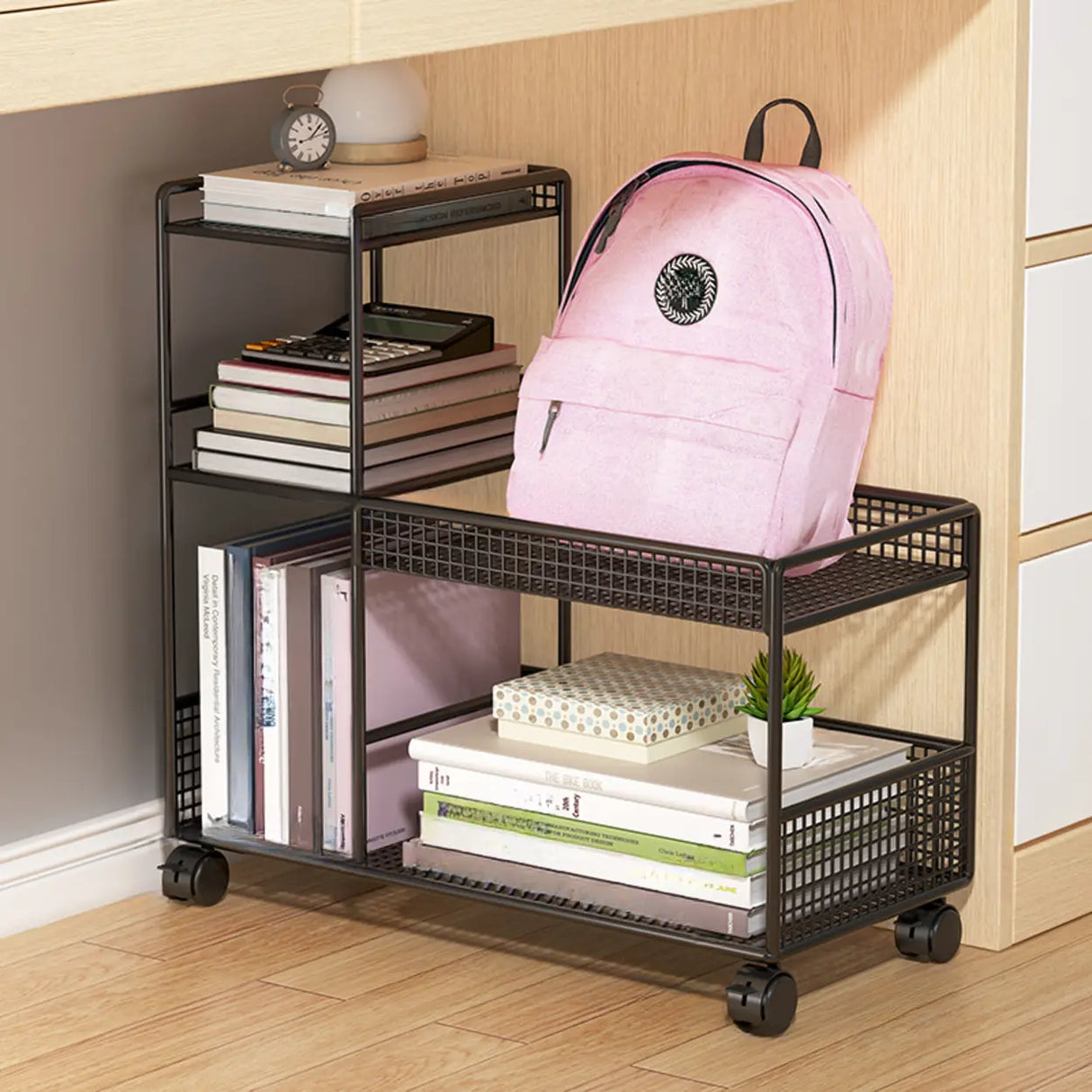 Black Freestanding Metal Utility Cart with Shelves Image - 2