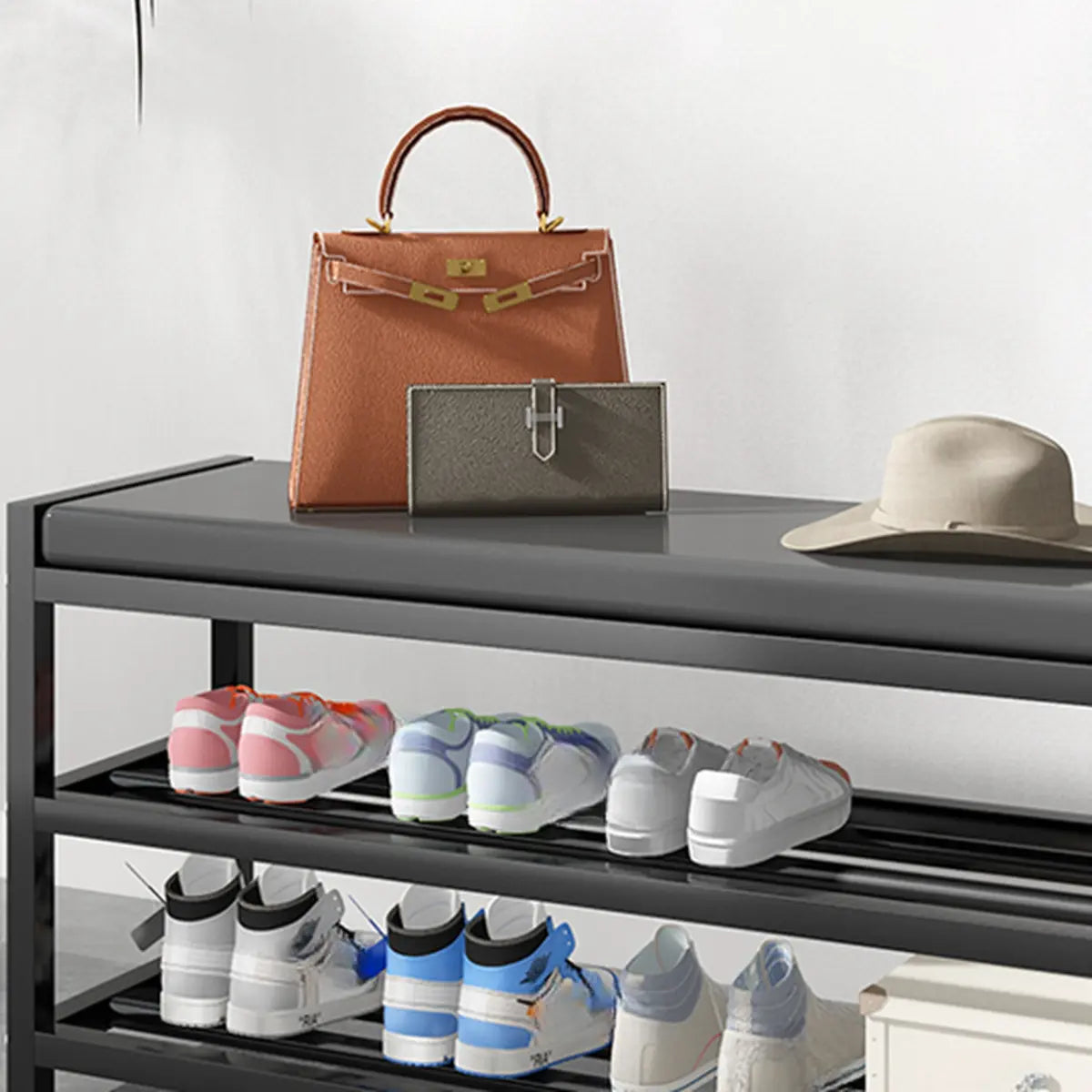 Black Freestanding Organizer Bench Metal Entryway Shoe Rack Image - 10