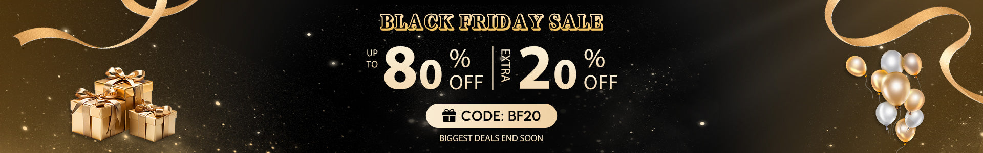 Black Friday sale banner with gift boxes, text, and decorative elements on a dark background.