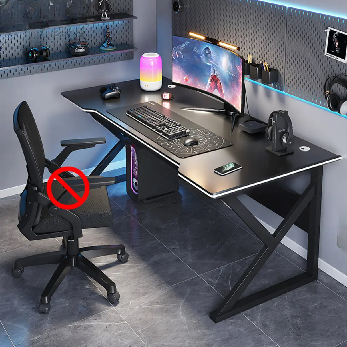 Black Gaming Desk with Steel Frame for Two People Image - 12
