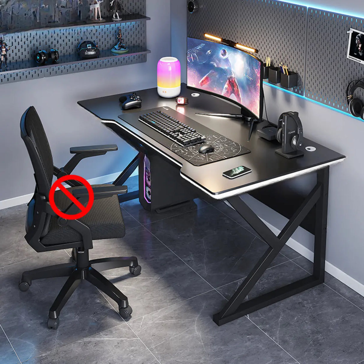 Black Gaming Desk with Steel Frame for Two People Image - 14