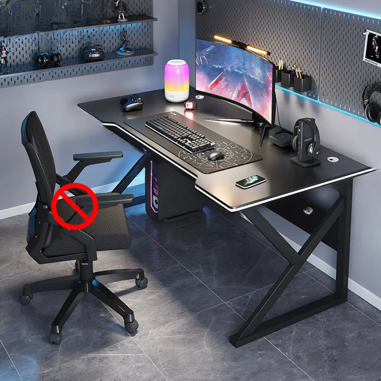 Black Gaming Desk with Steel Frame for Two People Image - 4