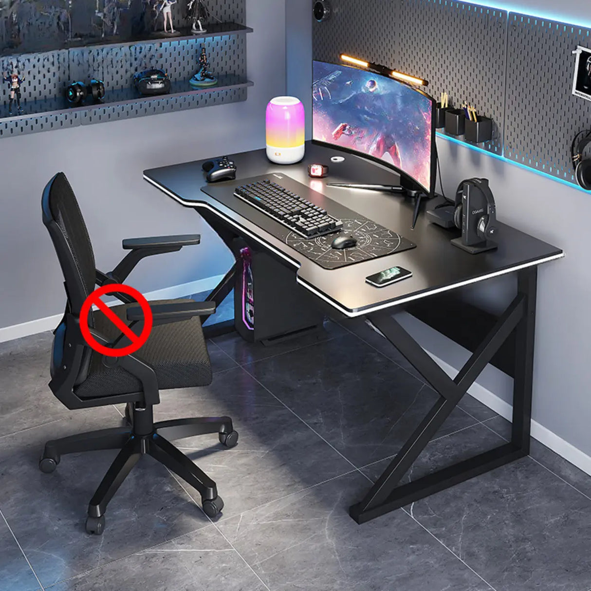 Black Gaming Desk with Steel Frame for Two People Image - 5