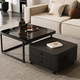 Black Glass Square Storage Nesting Tables with Casters Image - 3