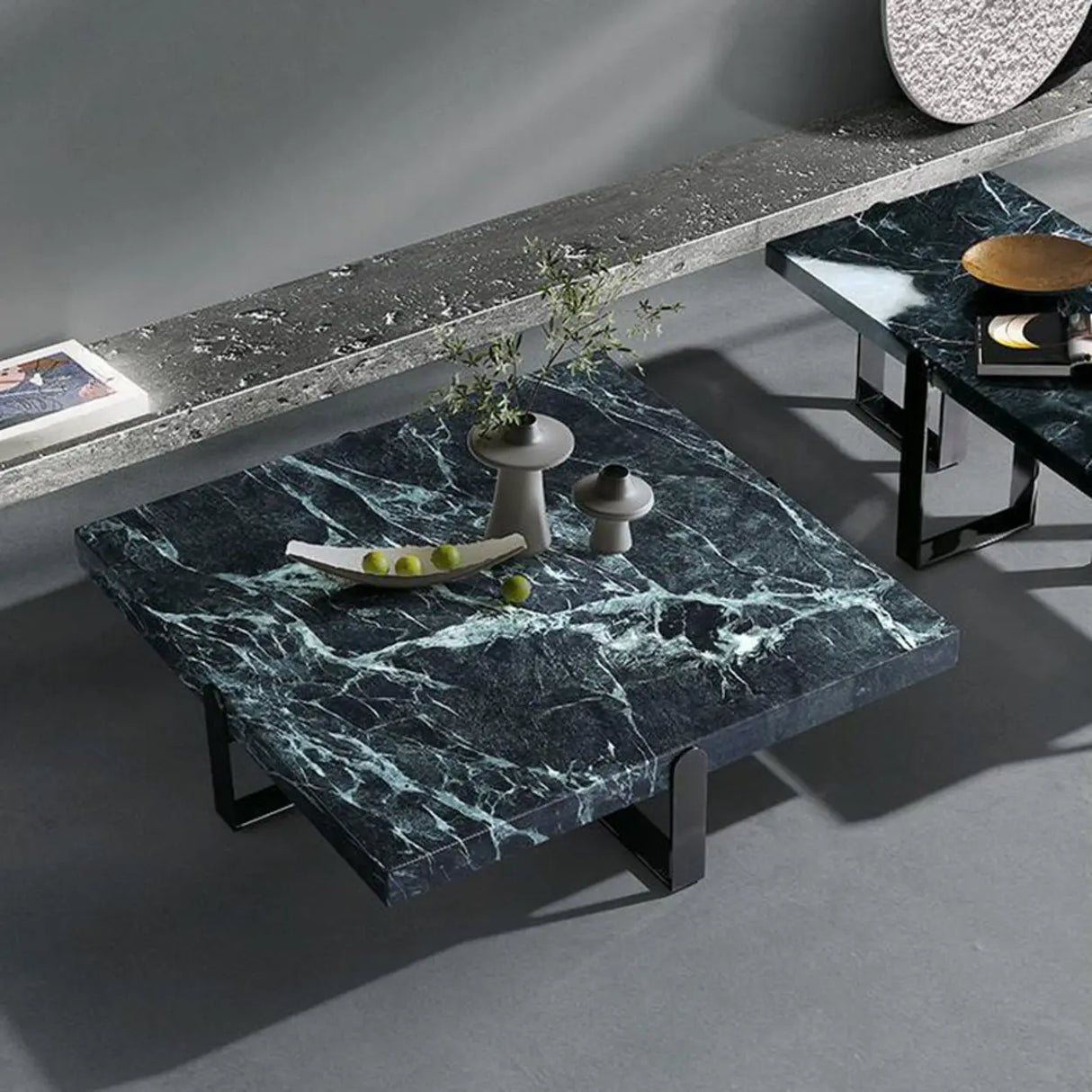 Black Green Square Marble Stainless Steel Coffee Table Image - 1