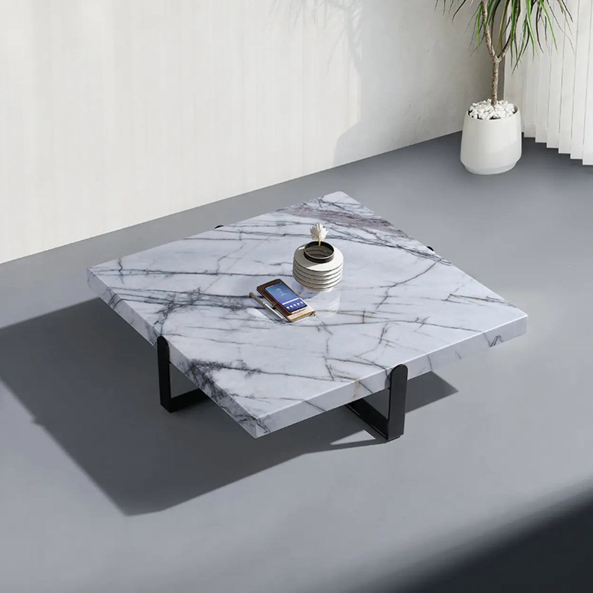 Black Green Square Marble Stainless Steel Coffee Table Image - 3
