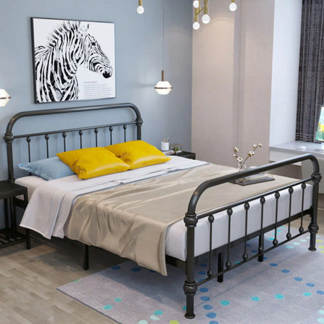 Black Headboard and Footboard Queen Metal Frame Slat Bed Image - 1