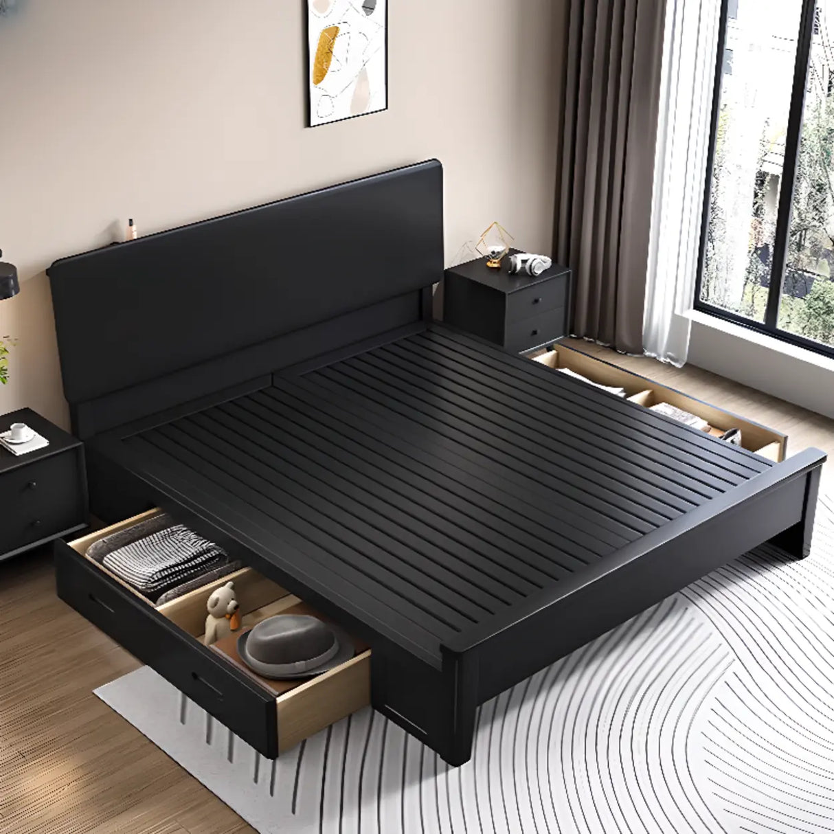 Black Headboard Queen Storage Includes Bed with Drawers Image - 4