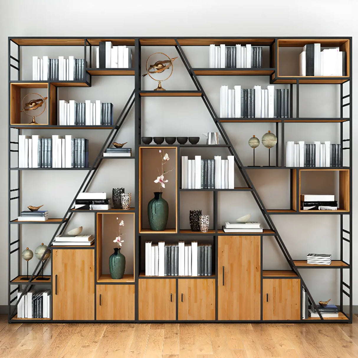Black Industrial Geometric Iron Frame Open Bookcase Image - 1