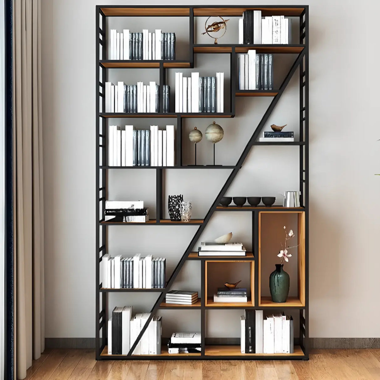 Black Industrial Geometric Iron Frame Open Bookcase Image - 5