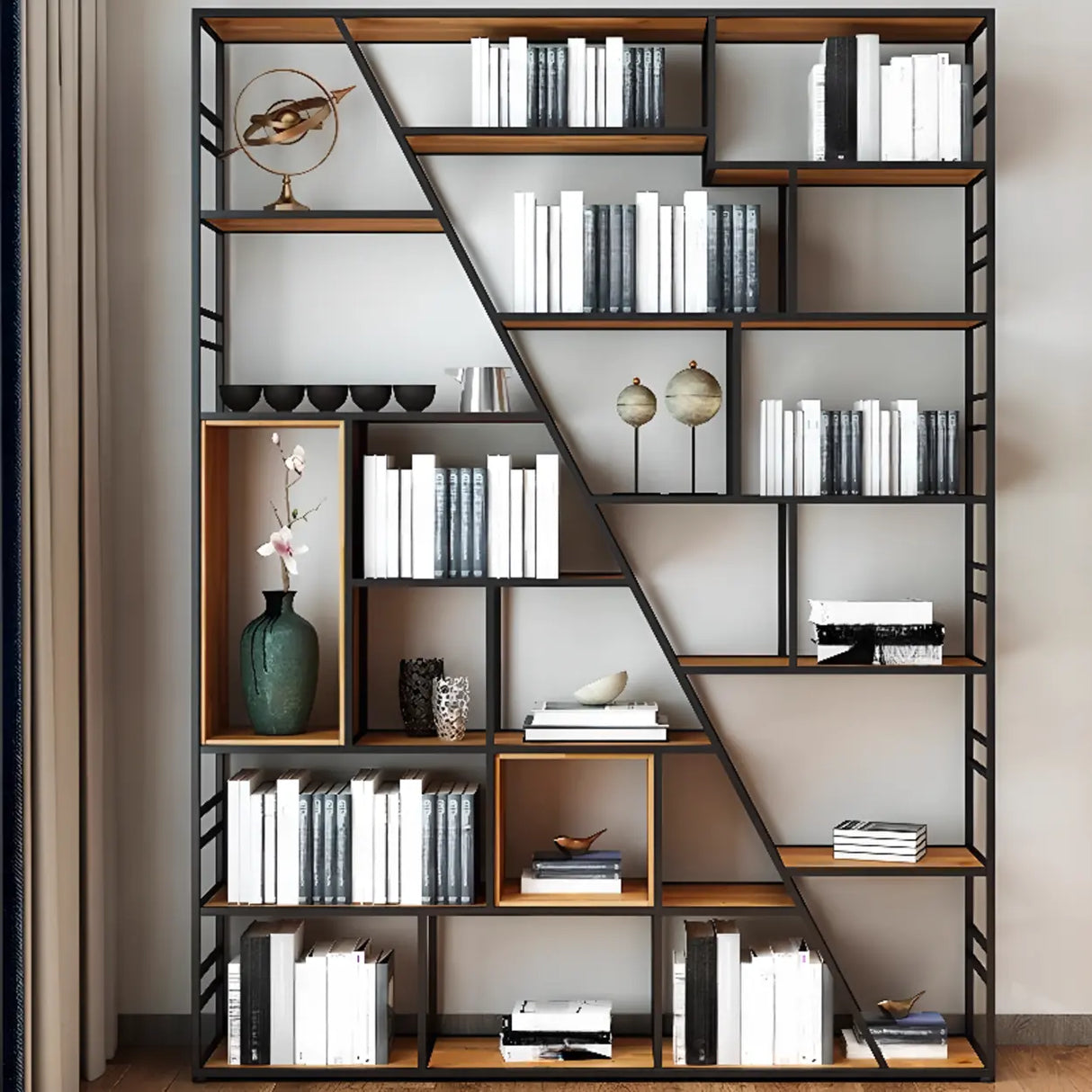 Black Industrial Geometric Iron Frame Open Bookcase Image - 8