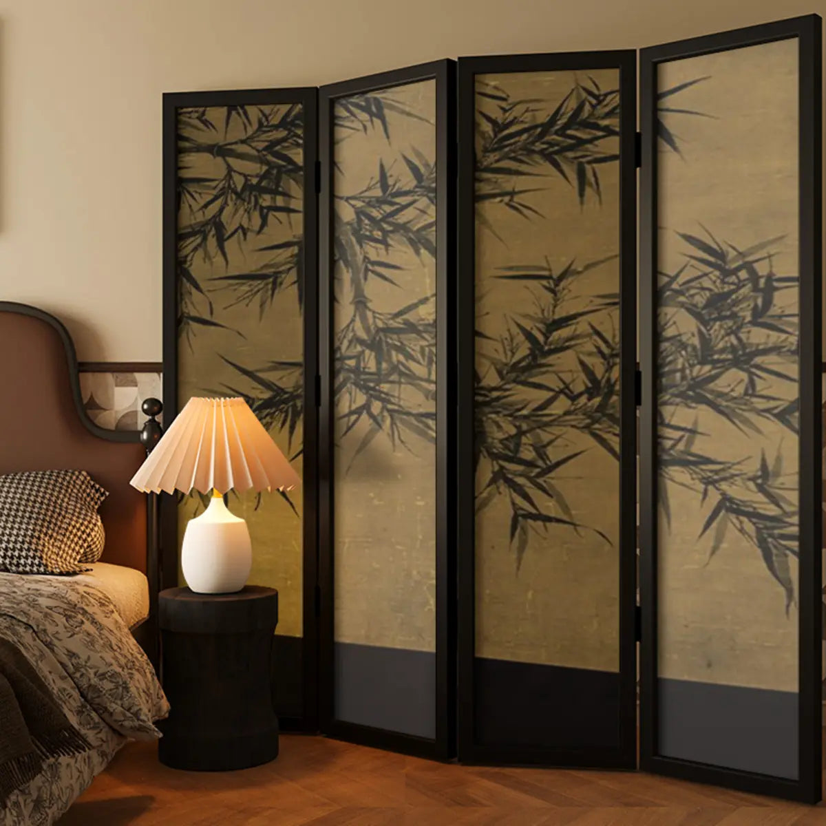 Black Ink Bamboo Abstract Folding Gauze Room Divider Screen Image - 4