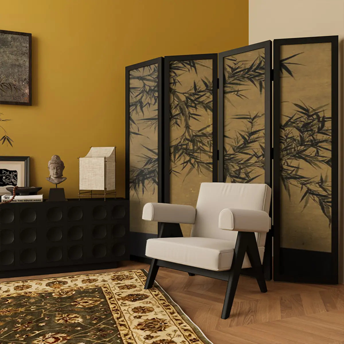 Black Ink Bamboo Abstract Folding Gauze Room Divider Screen Image - 5