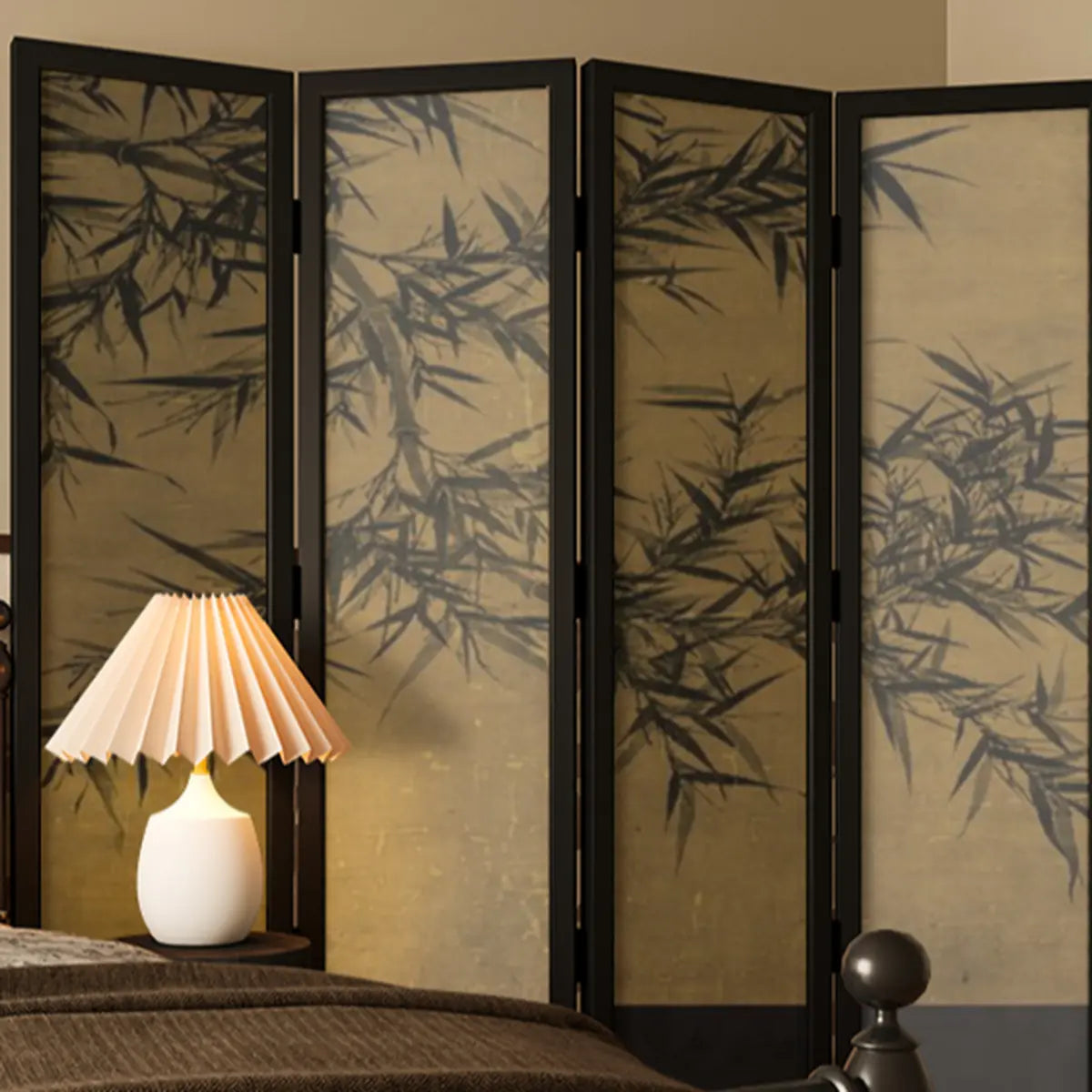 Black Ink Bamboo Abstract Folding Gauze Room Divider Screen Image - 6