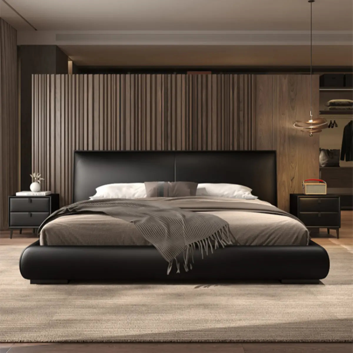 Black King Comfort Leather Upholstered Headboard Bed Image - 2