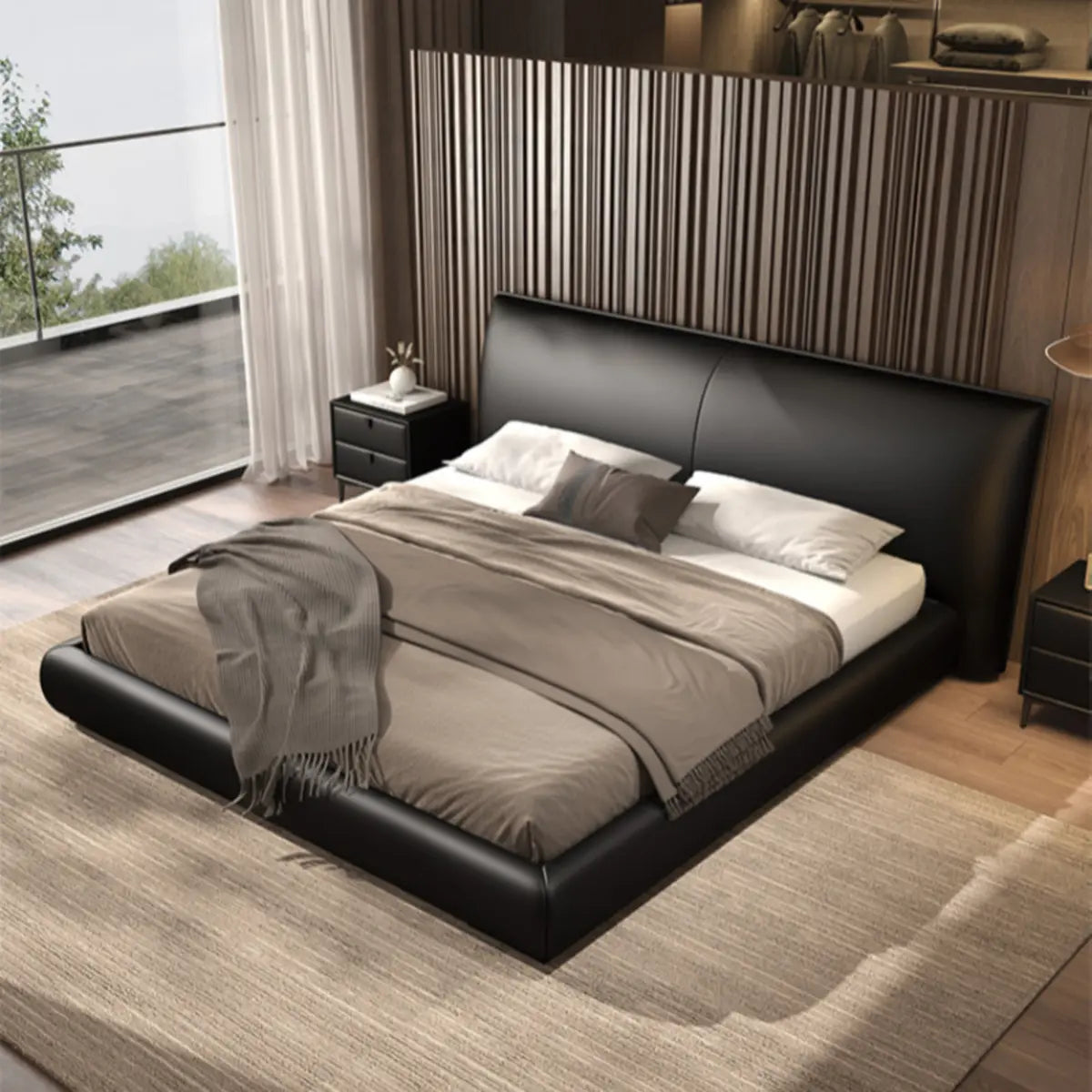 Black King Comfort Leather Upholstered Headboard Bed Image - 3