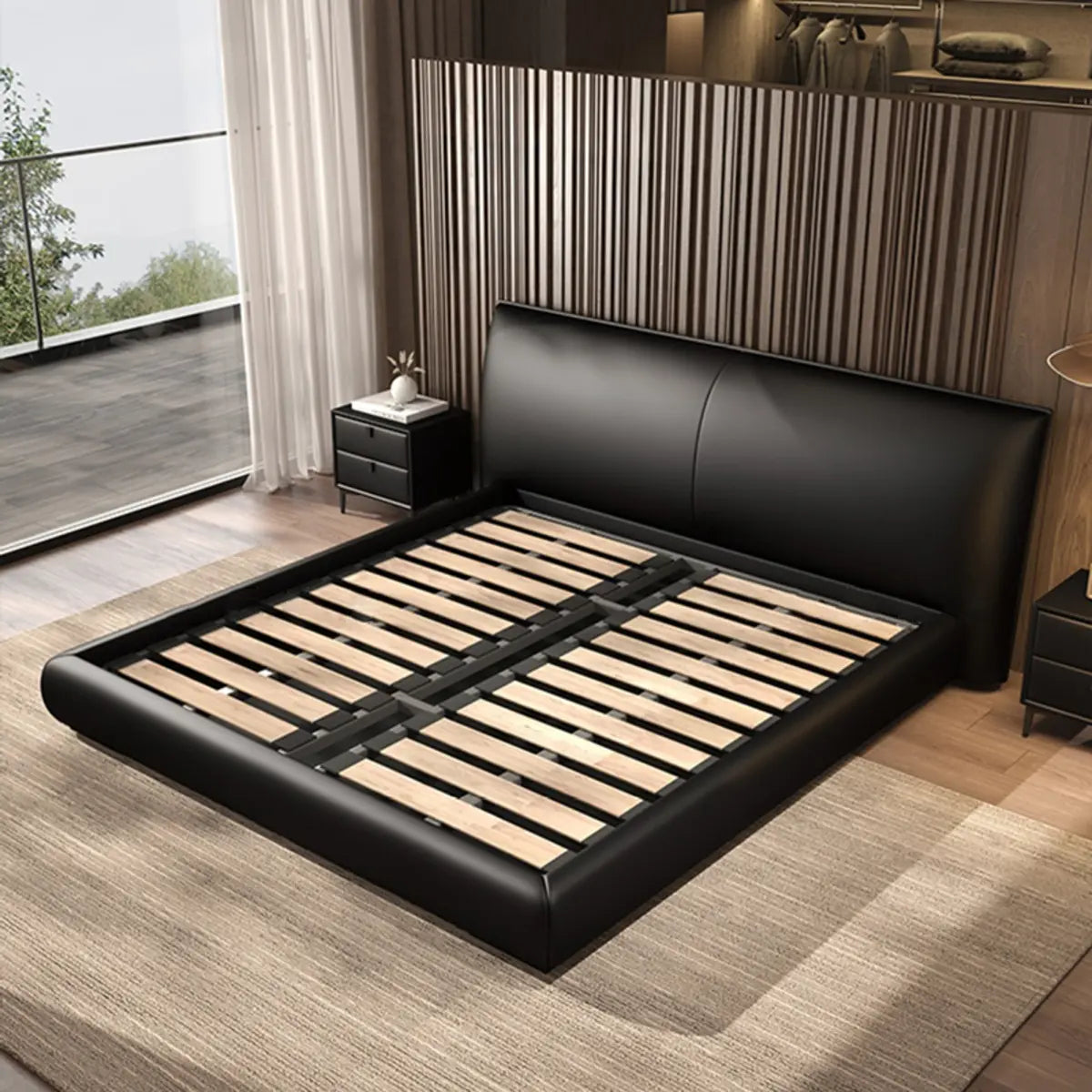 Black King Comfort Leather Upholstered Headboard Bed Image - 4