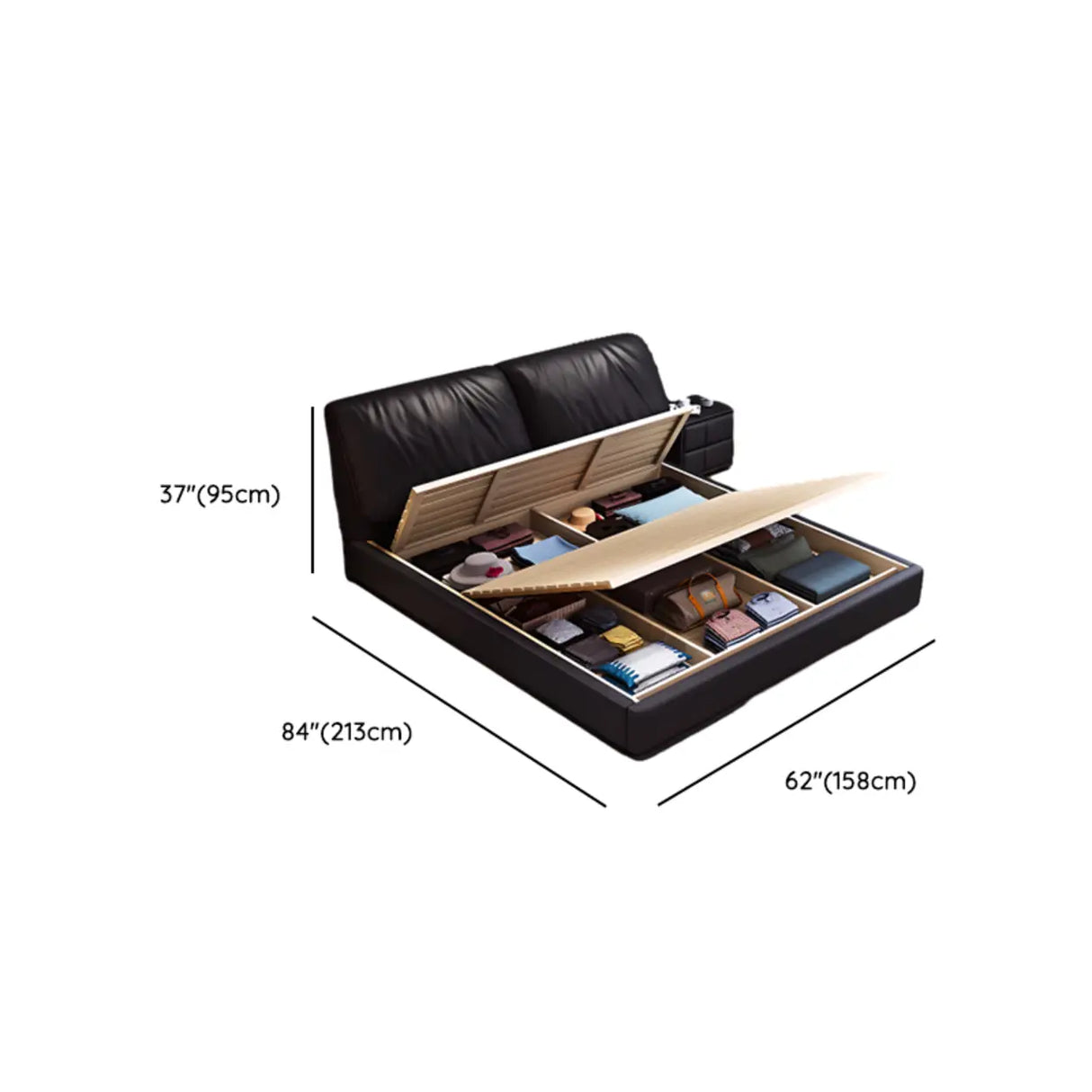 Black King Leather Lift Up Storage Bed with Headboard Image - 10