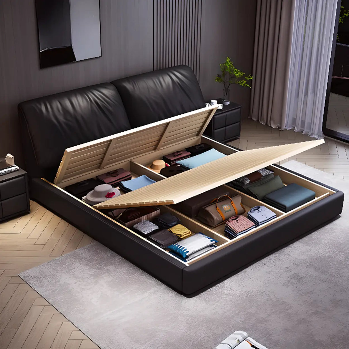 Black King Leather Lift Up Storage Bed with Headboard Image - 8