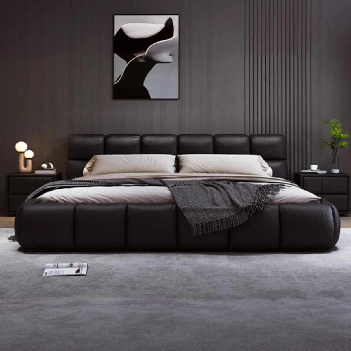 Black King Modern Leather Headboard  Floor Bed Frame Image - 1