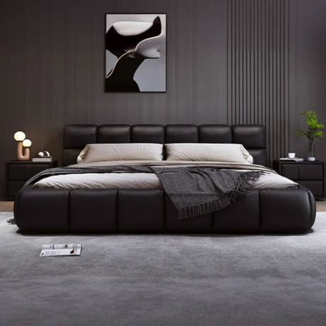 Black King Modern Leather Headboard  Floor Bed Frame Image - 1