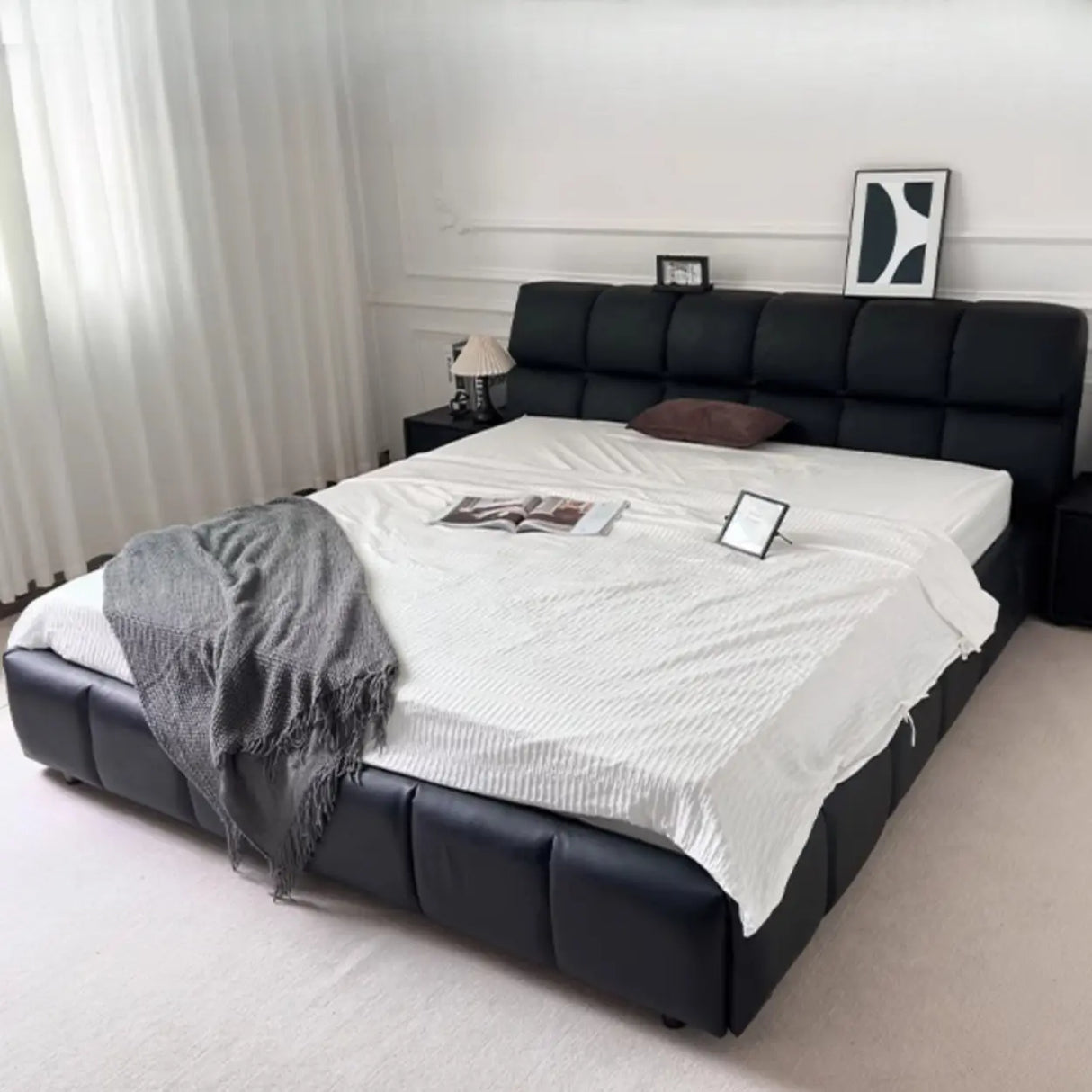 Black King Modern Leather Headboard  Floor Bed Frame Image - 3