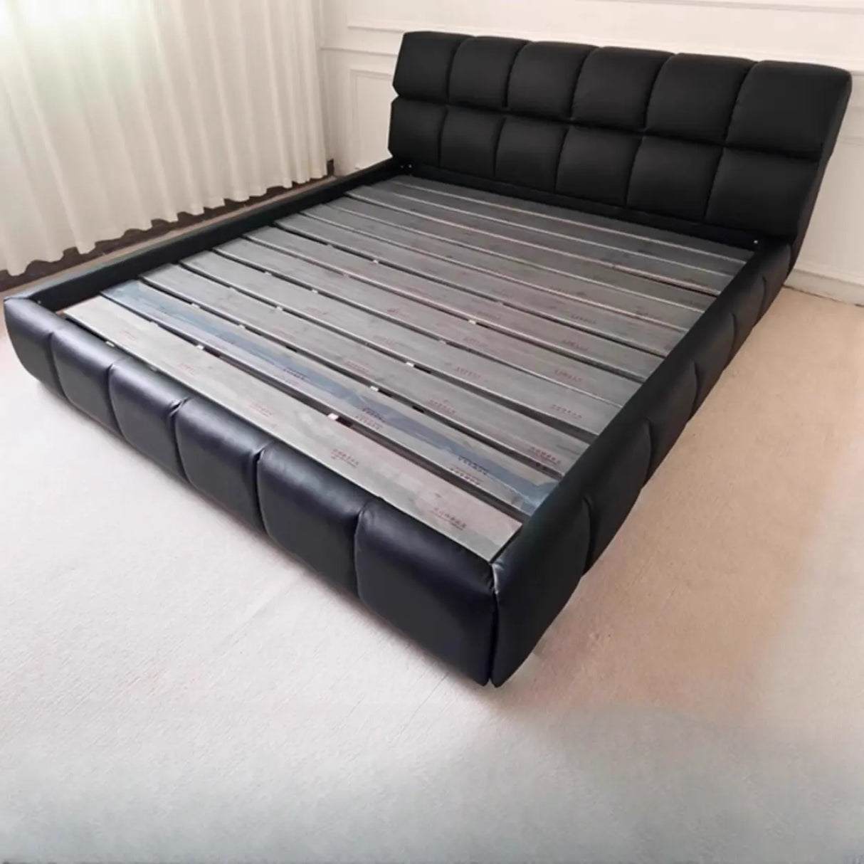 Black King Modern Leather Headboard  Floor Bed Frame Image - 4