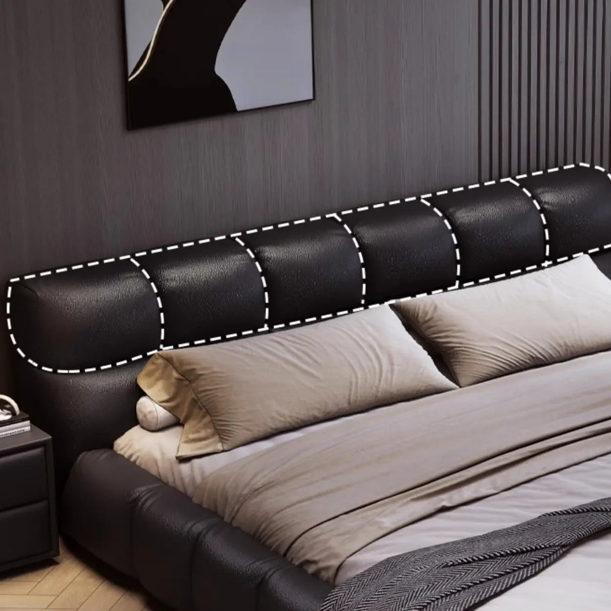 Black King Modern Leather Headboard  Floor Bed Frame Image - 5